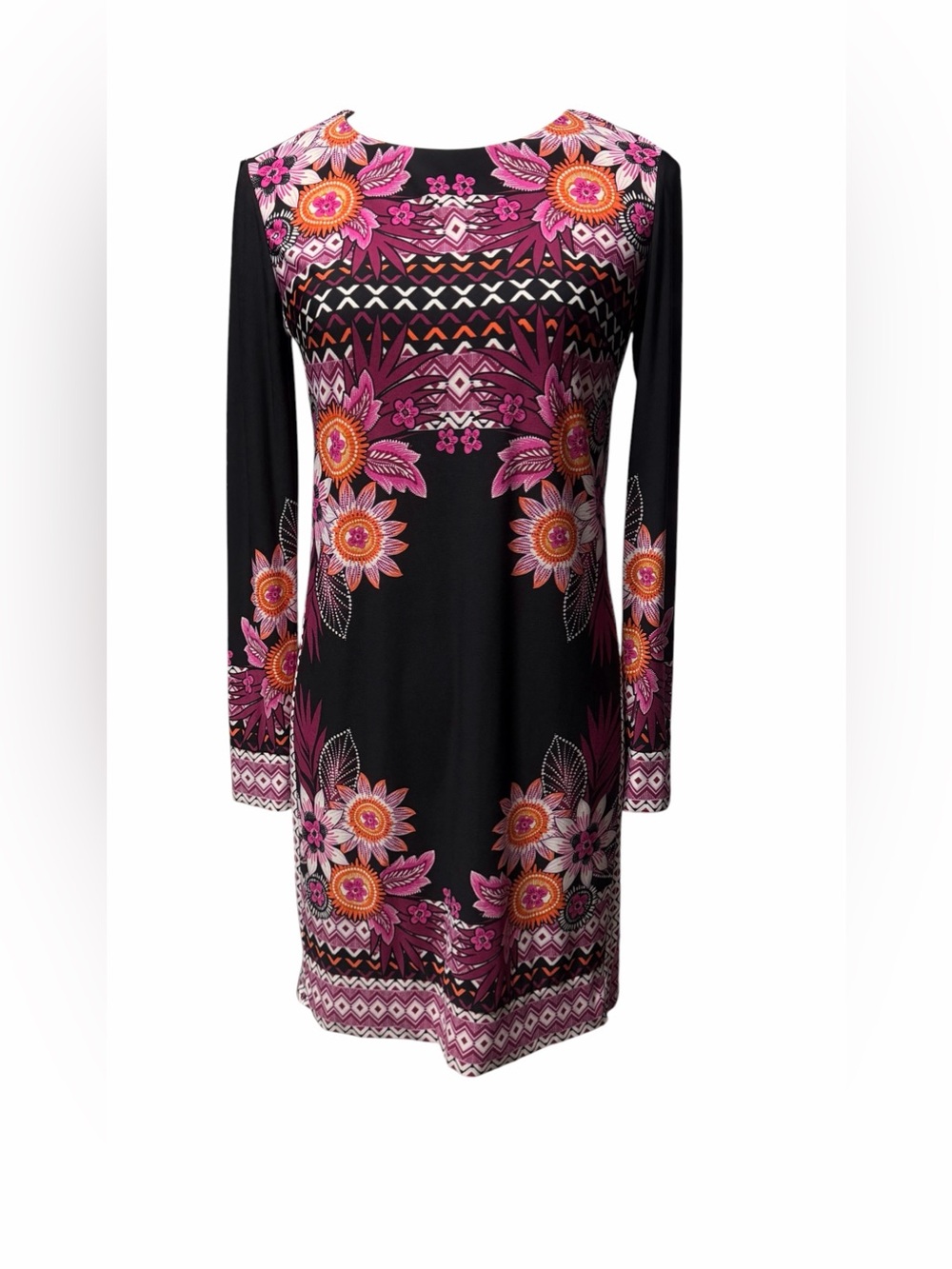 Donna Morgan Black Long-Sleeve Sheath Dress with Pink & Orange Floral Motif